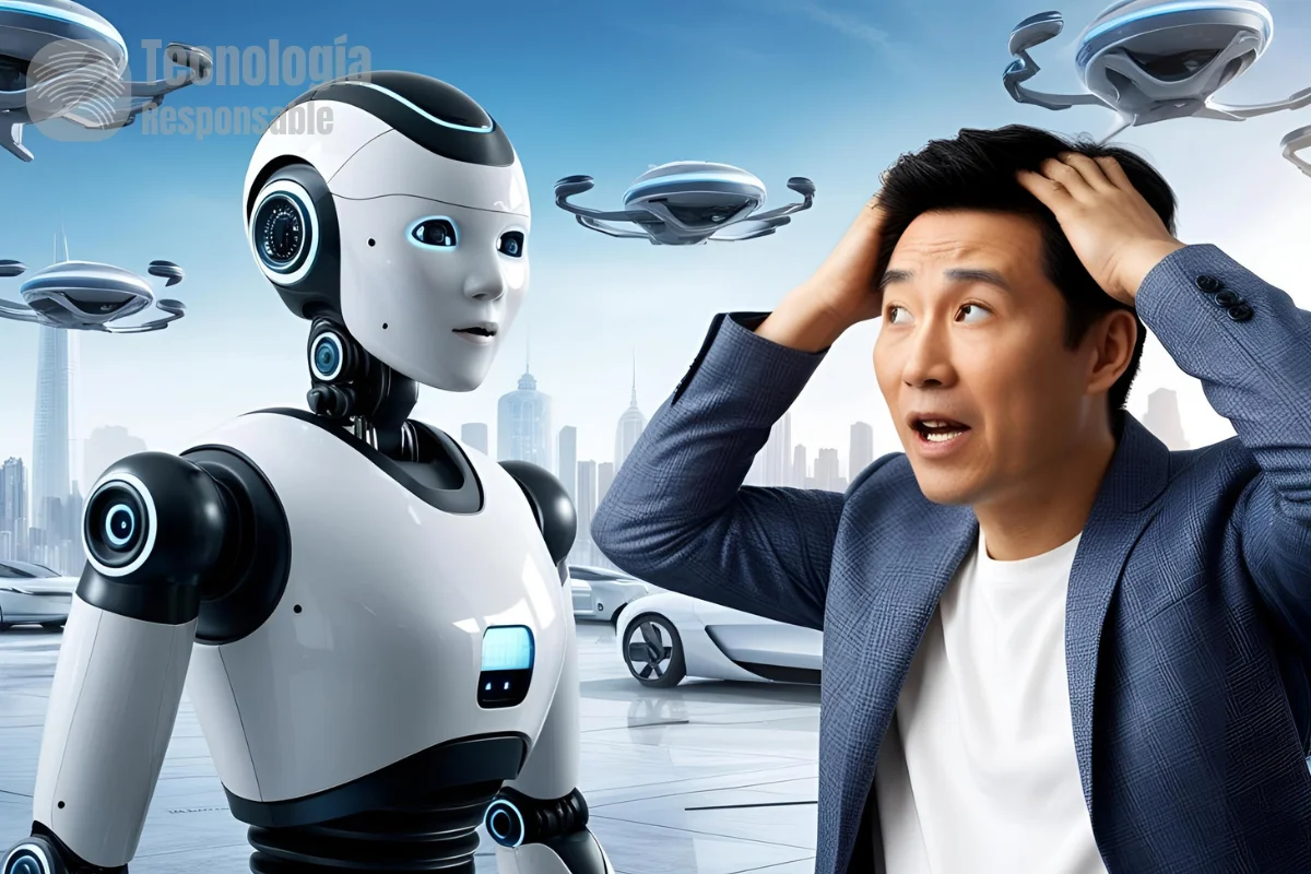 Un hombre con cara de asombro viendo a una robot con IA muy avanzando