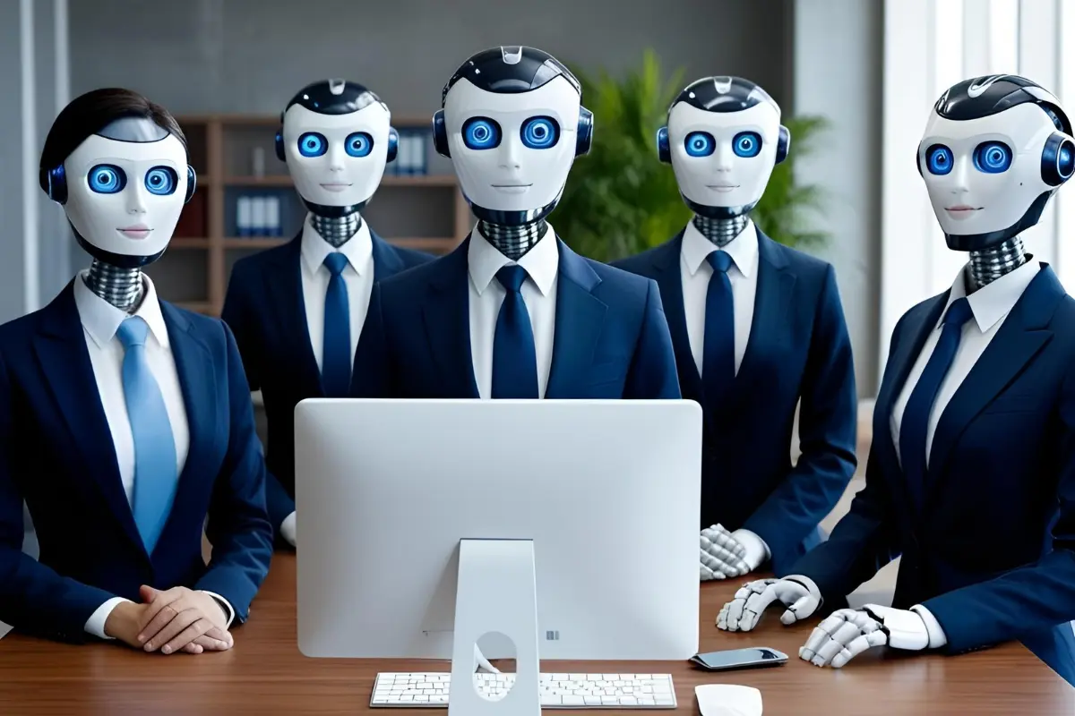 Robots con trajes elegantes azul oscuro sentados frente a un computador, como los profesionales usan IA en sus funciones
