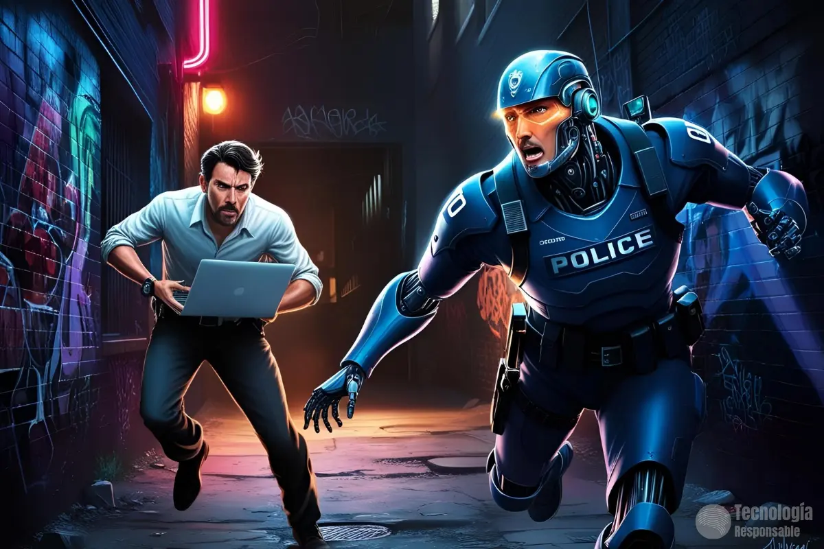 IA en Ciberseguridad, policía persiguiendo a un cibercriminal con una laptop