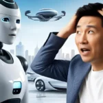 Un hombre con cara de asombro viendo a una robot con IA muy avanzando